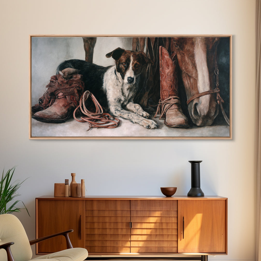 Ranch Dog Beside Worn Boots Canvas Print, Western Art, Printable Wall Art, Southwestern Decor, Frontier, Downloadable Art, WES-2x1-41