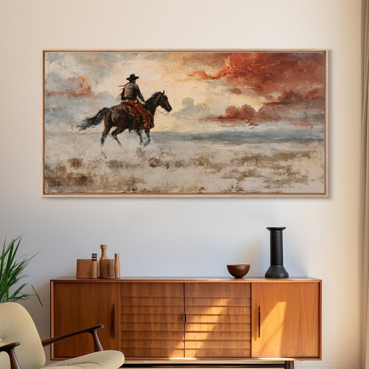 Cowboy Riding Across Dusty Sunset Plains Framed Canvas Print, Western Art, Western Decor, Southwestern Decor, Frontier, WES-2x1-45