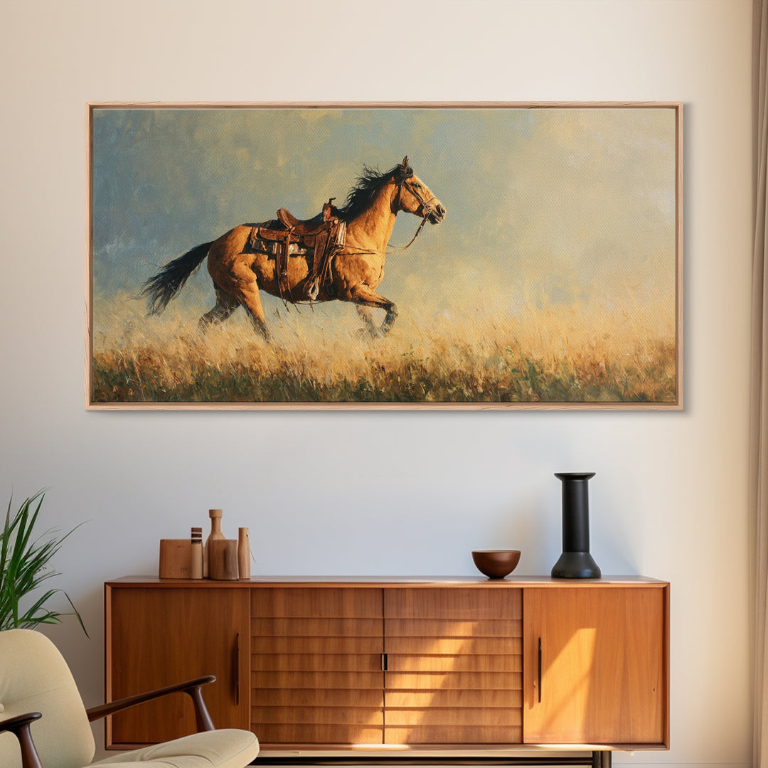 Buckskin Horse in Golden Prairie Light Framed Canvas Print, Western Art, Room Decor, Southwestern Decor, Fine Art, Frontier, WES-2x1-75