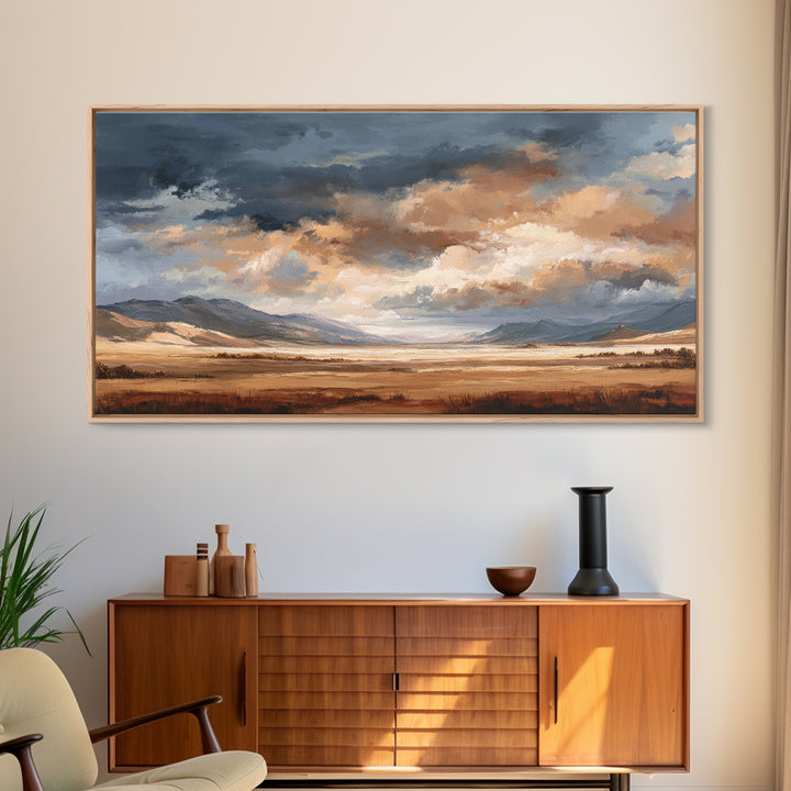 Wagon Wheel and Desert Sunset Framed Canvas Print, Western Art, Minimalist Wall Art, Southwestern Decor, Fine Art, Frontier, WES-2x1-88