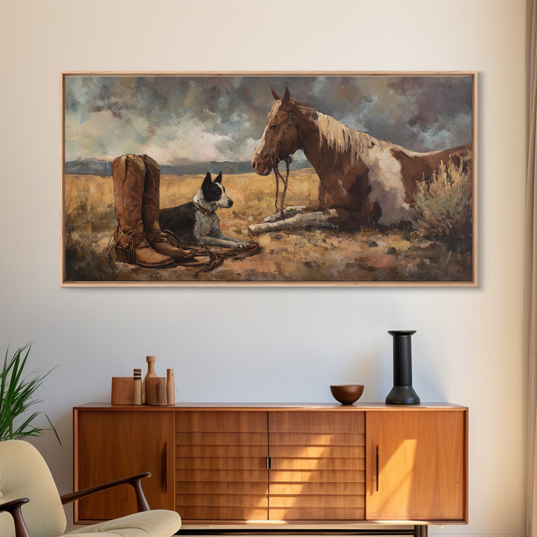 Ranch Dog Beside Worn Boots Canvas Print, Western Art, Cowboy Art, Southwestern Decor, Fine Art, Frontier, Rustic Wall Art, WES-2x1-89