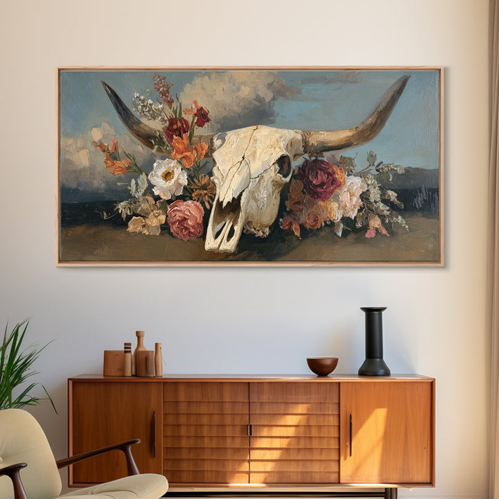 Longhorn Skull with Desert Flowers Framed Canvas Print, Western Art, Neutral Decor, Southwestern Decor, Oil Painting, Frontier, WES-2x1-95