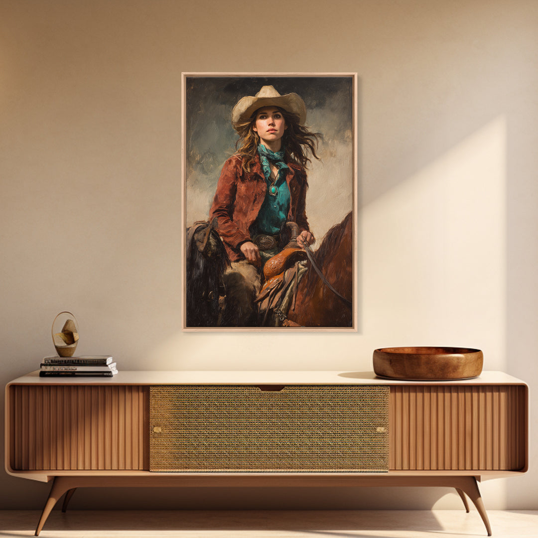 Cowgirl Portrait with Turquoise Jewelry Canvas Print, Western Art, Wall Art, Southwestern Decor, Oil Painting, Frontier, WES-2x3-14
