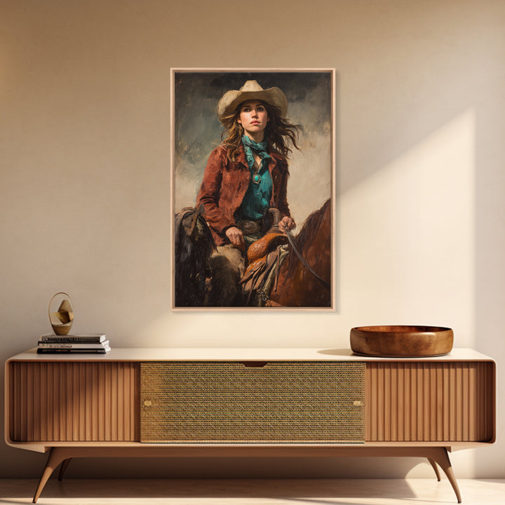 Cowgirl Portrait with Turquoise Jewelry Canvas Print, Western Art, Wall Art, Southwestern Decor, Oil Painting, Frontier, WES-2x3-14