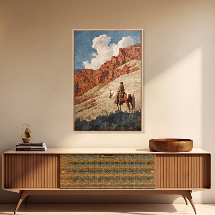 Eagle Flying Above Mountain Ridge Framed Canvas Print, Western Art, Oil Painting, Southwestern Decor, Fine Art, Frontier, WES-2x3-21