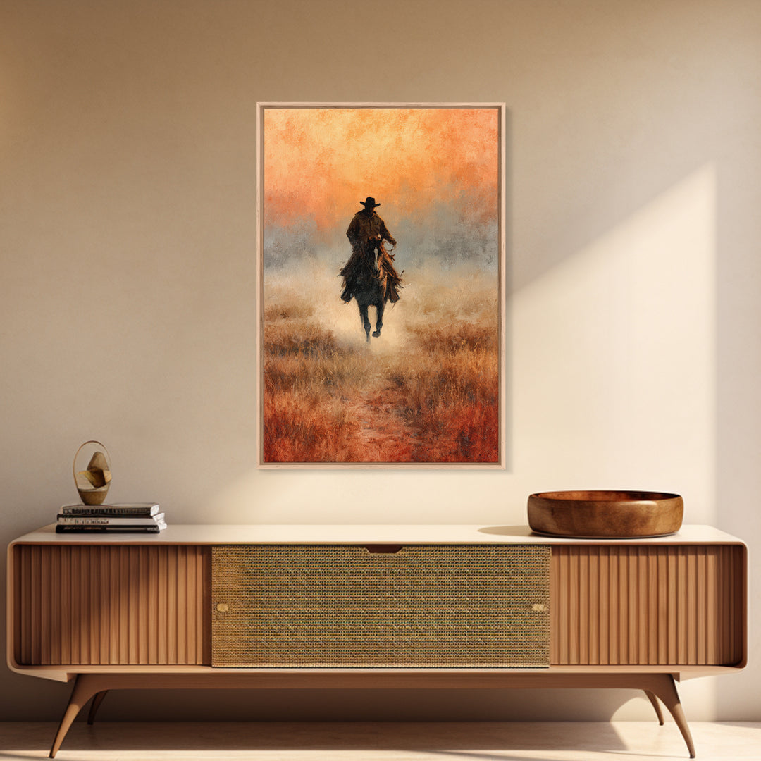 Cowboy Riding Across Dusty Sunset Plains Canvas Print, Western Art, Landscape Painting, Southwestern Decor, Frontier, WES-2x3-33