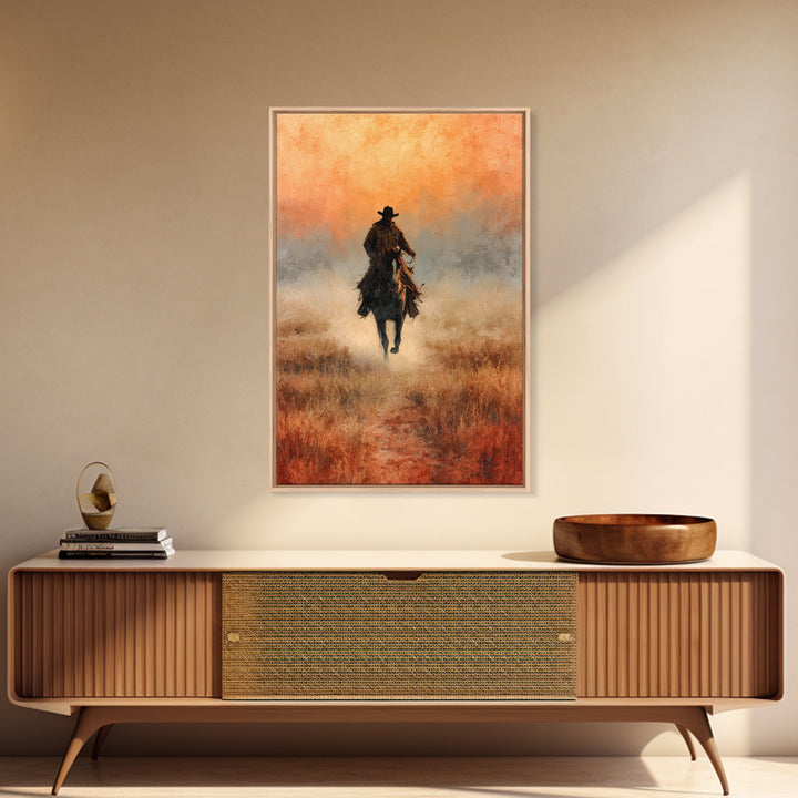 Cowboy Riding Across Dusty Sunset Plains Canvas Print, Western Art, Landscape Painting, Southwestern Decor, Frontier, WES-2x3-33