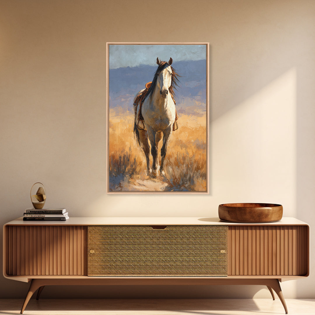 Buckskin Horse in Golden Prairie Light Framed Canvas Print, Western Art, Western Print, Southwestern Decor, Fine Art, Frontier, WES-2x3-87