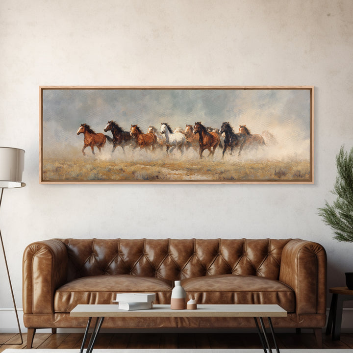 Wild Mustang Herd Framed Canvas Print, Western Art, Minimalist Wall Art, Southwestern Decor, Fine Art, Frontier, Horse Art, WES-3x1-18