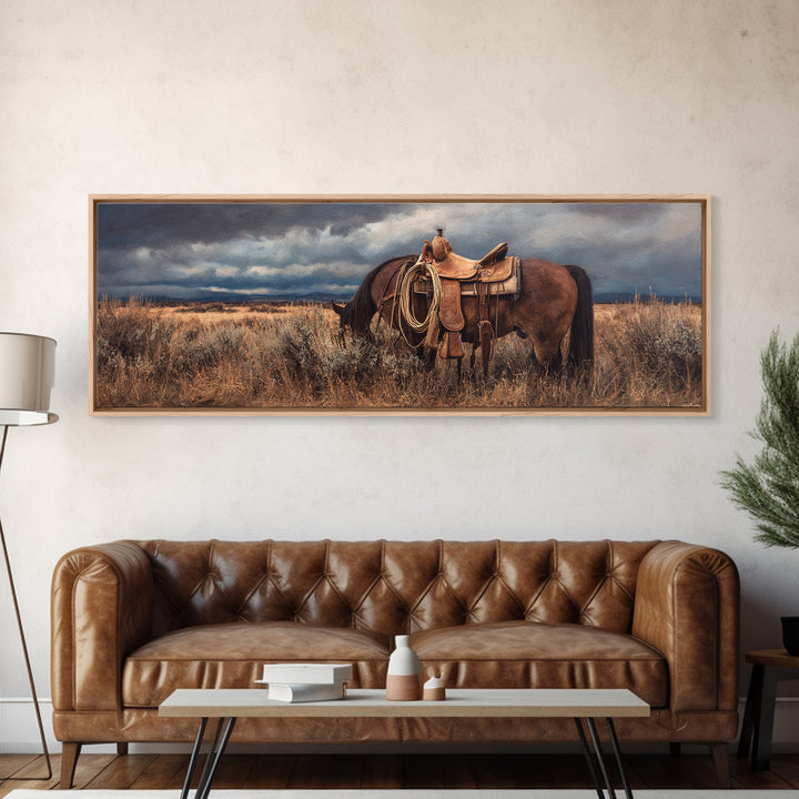 Western Saddle and Rope on Weathered Wood Framed Canvas Print, Western Art, Printable Art, Southwestern Decor, Frontier, WES-3x1-2