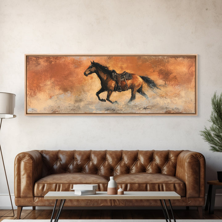 Buckskin Horse in Golden Prairie Light Framed Canvas Print, Western Art, Room Decor, Southwestern Decor, Fine Art, Frontier, WES-3x1-23