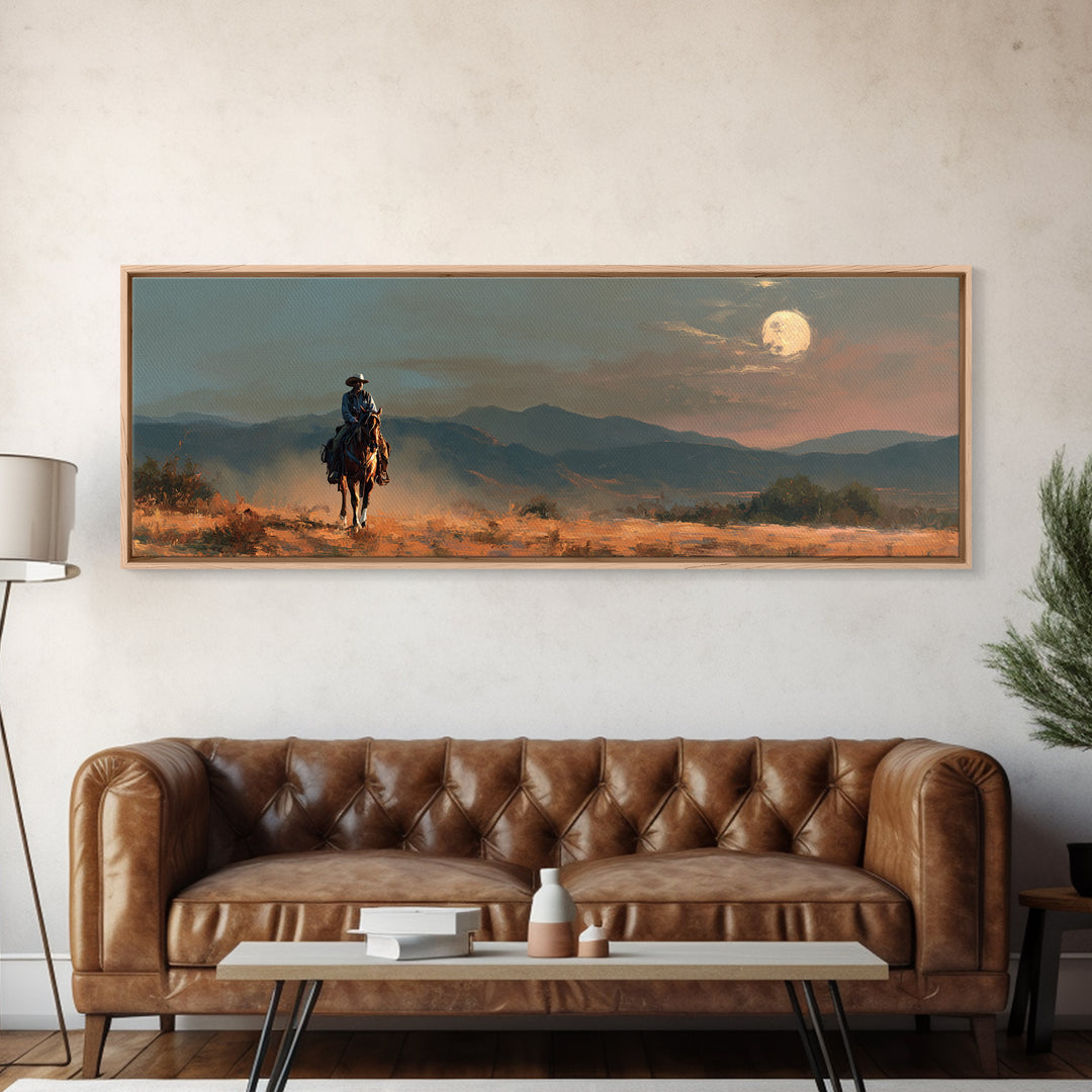 Desert Moon over Lone Rider Canvas Print, Western Art, Fine Art Print, Southwestern Decor, Fine Art, Frontier, Wall Decor, WES-3x1-3