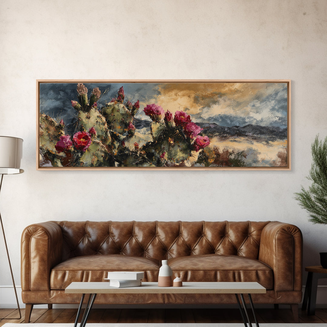 Prickly Pear Cactus Framed Canvas Print, Western Art, Rustic Wall Art, Southwestern Decor, Watercolor Art, Frontier, WES-3x1-32