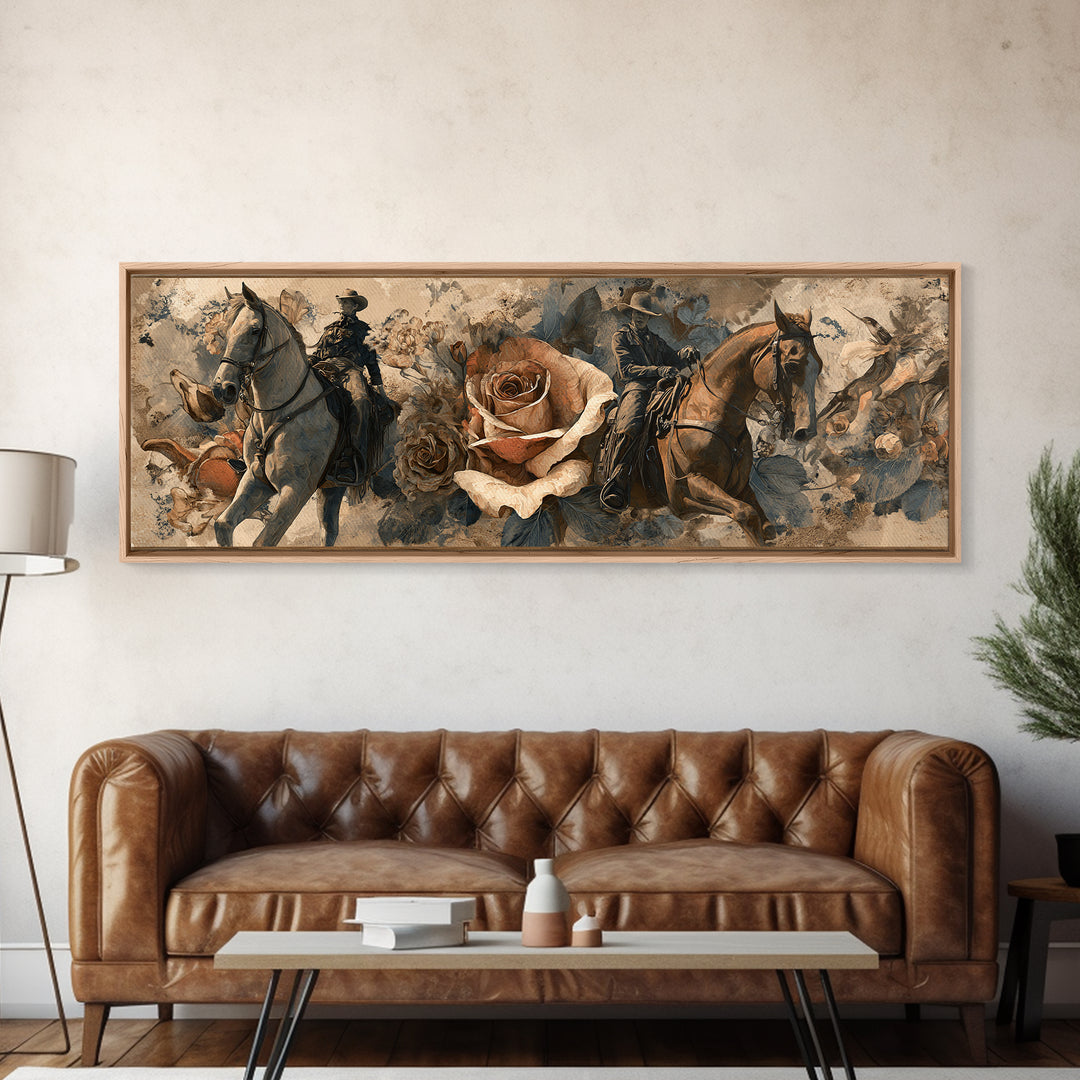 Old Revolver and Roses Framed Canvas Print, Western Art, Painting, Southwestern Decor, Fine Art, Frontier, Trendy Wall Art, WES-3x1-59