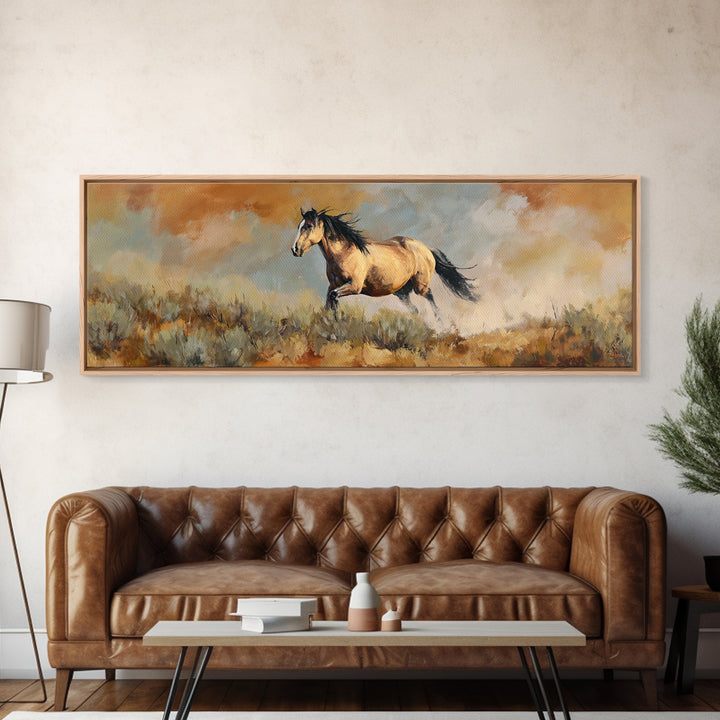 Buckskin Horse in Golden Prairie Light Canvas Print, Western Art, Western Decor, Southwestern Decor, Fine Art, Frontier, WES-3x1-71