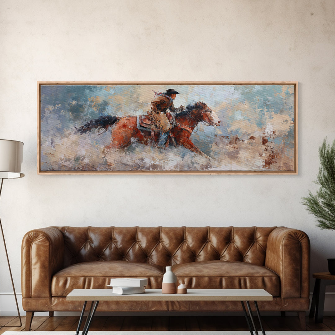 Rodeo Rider Mid Motion Framed Canvas Print, Western Art, Neutral Decor, Southwestern Decor, Fine Art, Frontier, Home Decor, WES-3x1-73