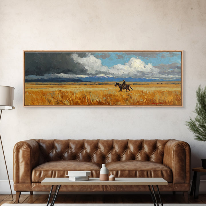 Golden Wheat Field Canvas Print, Western Art, Wall Art, Southwestern Decor, Oil Painting, Frontier, Minimalist Wall Art, WES-3x1-88