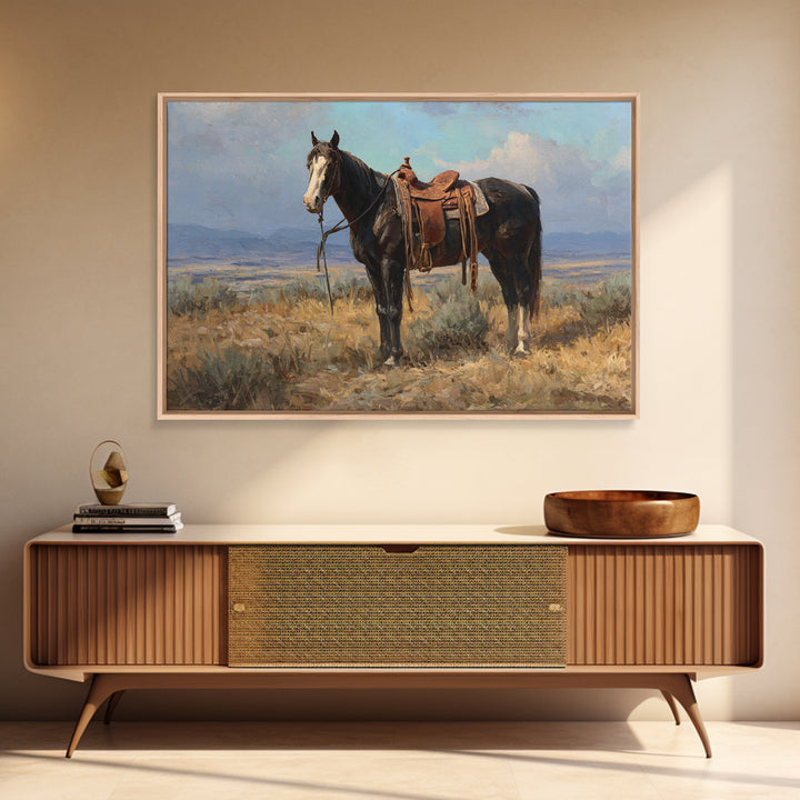 Black Horse Portrait Framed Canvas Print, Western Art, Landscape, Southwestern Decor, Fine Art, Frontier, Modern Decor, WES-3x2-46