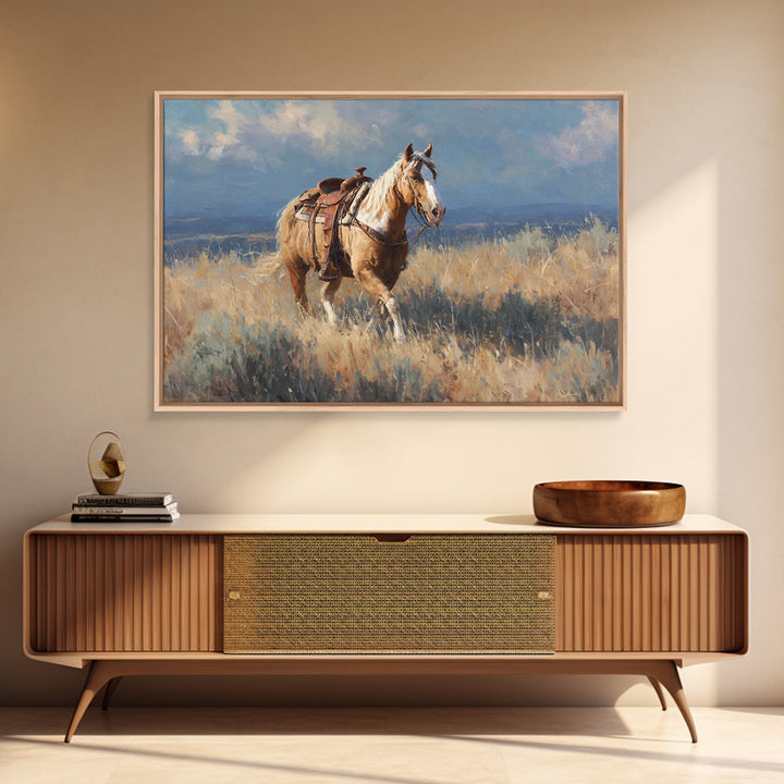 Buckskin Horse in Golden Prairie Light Framed Canvas Print, Western Art, Oil Painting, Southwestern Decor, Frontier, Landscape, WES-3x2-59
