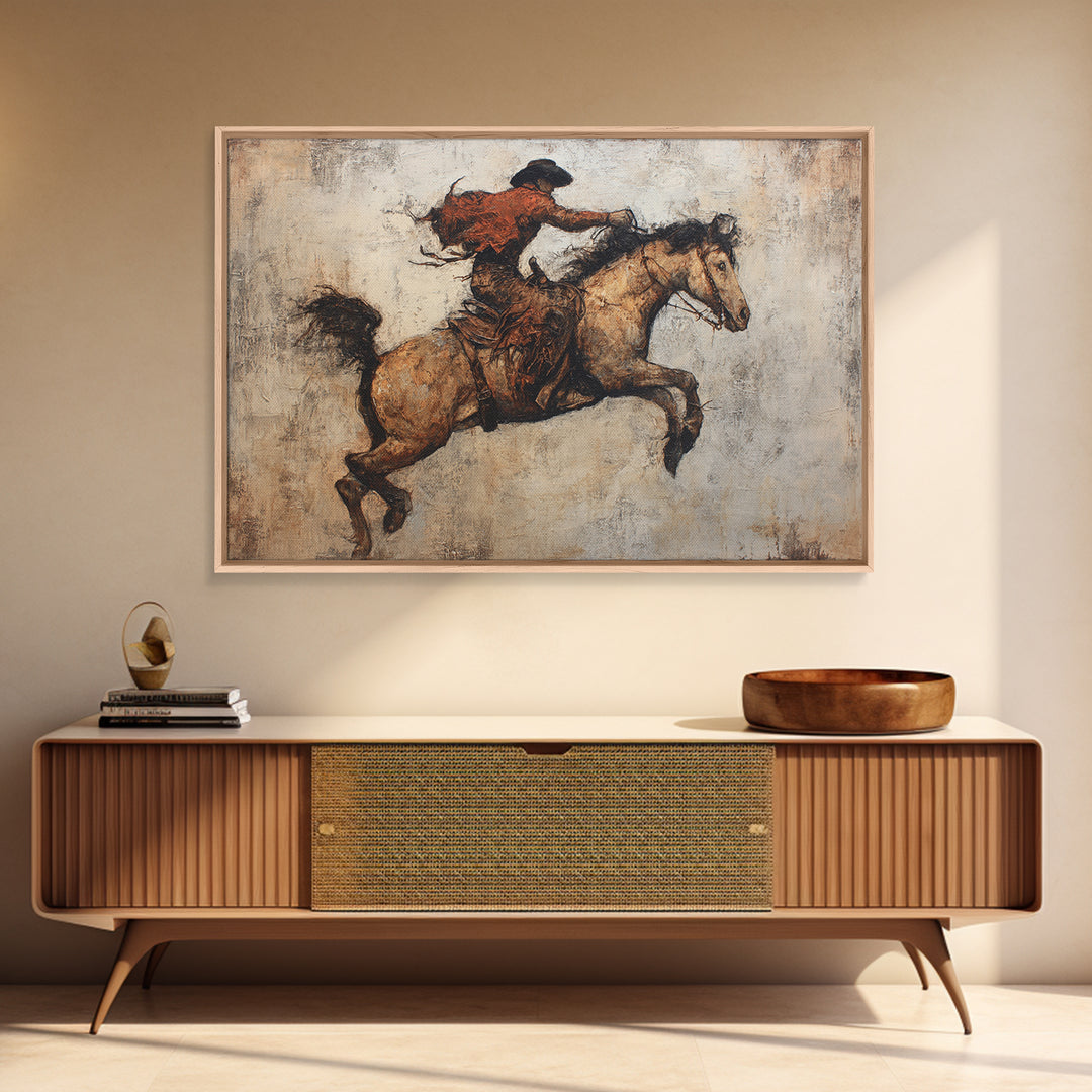 Rodeo Rider Mid Motion Canvas Print, Western Art, Desert Art, Southwestern Decor, Oil Painting, Frontier, Minimalist Decor, WES-3x2-61
