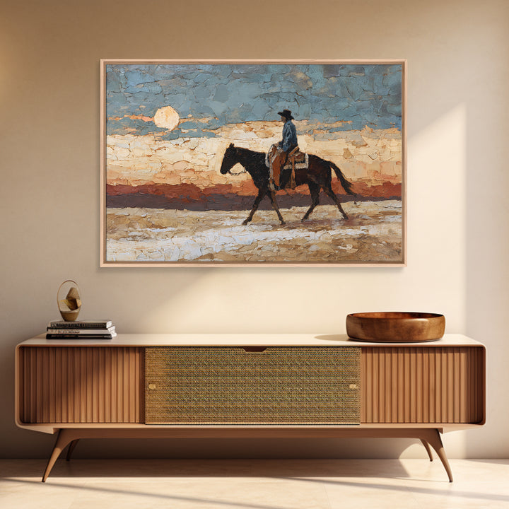 Desert Moon over Lone Rider Framed Canvas Print, Western Art, Western Home Decor, Southwestern Decor, Oil Painting, Frontier, WES-3x2-63