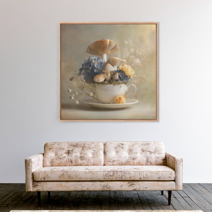Teacup Garden with Tiny Mushrooms Framed Canvas Print, Whimsical Art, Watercolor Art, Living Room Decor, Fine Art, Wonder, WHI-1x1-100