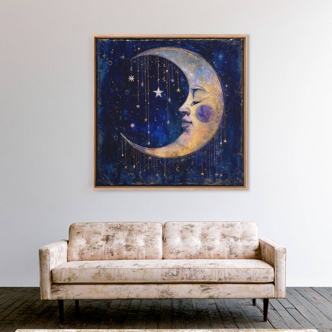Moon with Sleeping Face and Dangling Stars Framed Canvas Print, Whimsical Art, Printable Art, Living Room Decor, Wonder, WHI-1x1-16