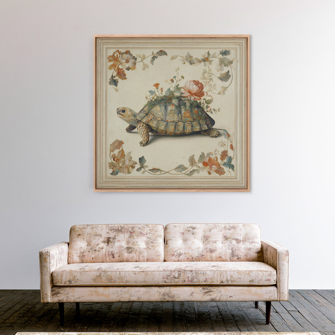 Turtle with Garden Growing on Shell Canvas Print, Whimsical Art, Dopamine Decor, Living Room Decor, Fine Art, Wonder, WHI-1x1-22