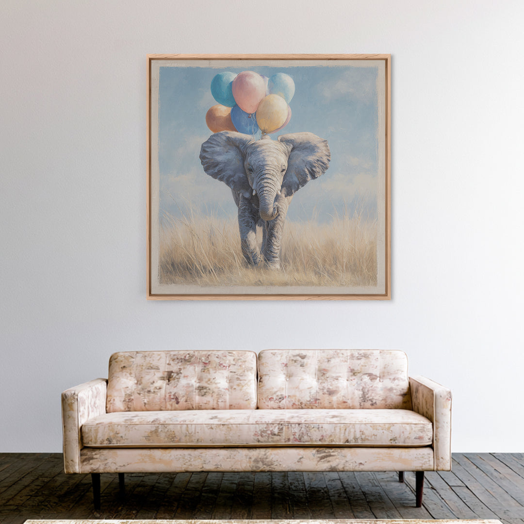 Elephant Holding Balloons Framed Canvas Print, Whimsical Art, Nursery, Living Room Decor, Fine Art, Wonder, Watercolor Art, WHI-1x1-27