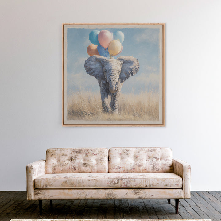Elephant Holding Balloons Framed Canvas Print, Whimsical Art, Nursery, Living Room Decor, Fine Art, Wonder, Watercolor Art, WHI-1x1-27