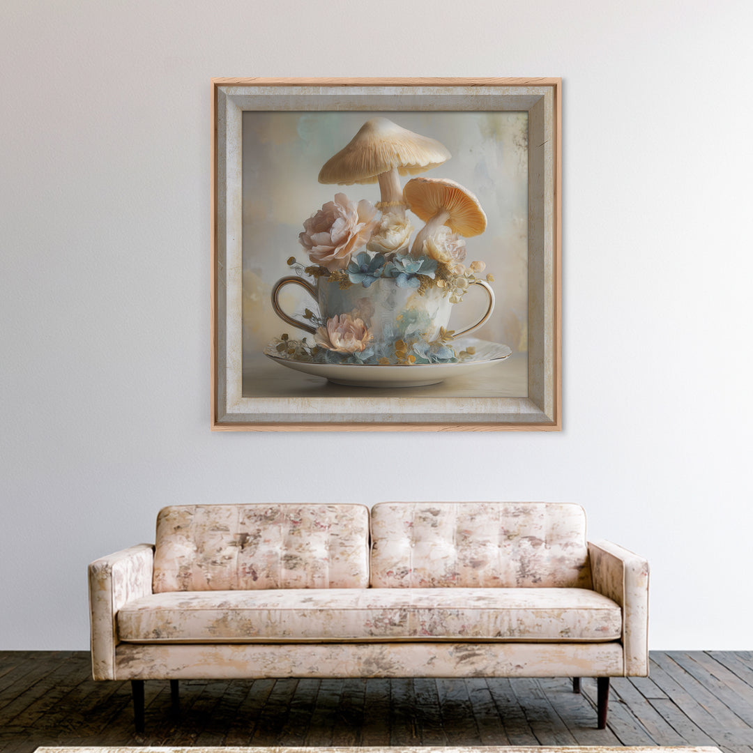 Teacup Garden with Tiny Mushrooms Framed Canvas Print, Whimsical Art, Printable Wall Art, Living Room Decor, Fine Art, Wonder, WHI-1x1-28
