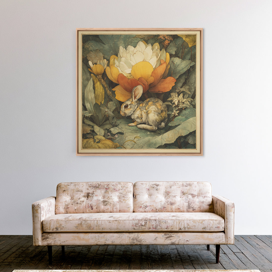 Rabbit Reading Beneath a Giant Flower Framed Canvas Print, Whimsical Art, Textured Painting, Living Room Decor, Wonder, WHI-1x1-29
