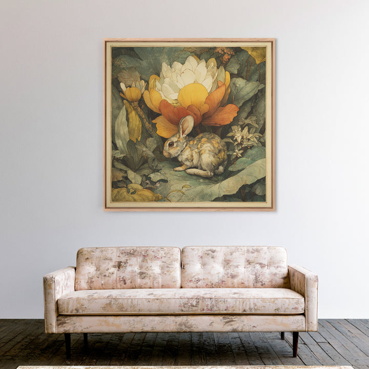 Rabbit Reading Beneath a Giant Flower Framed Canvas Print, Whimsical Art, Textured Painting, Living Room Decor, Wonder, WHI-1x1-29