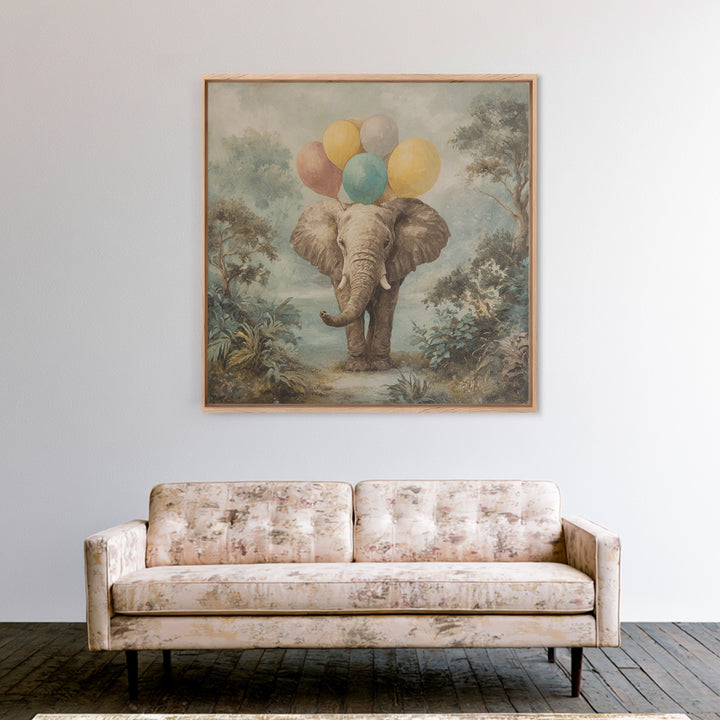 Elephant Holding Balloons Canvas Print, Whimsical Art, Art Nouveau, Living Room Decor, Abstract Art, Wonder, Nursery Wall Decor, WHI-1x1-3