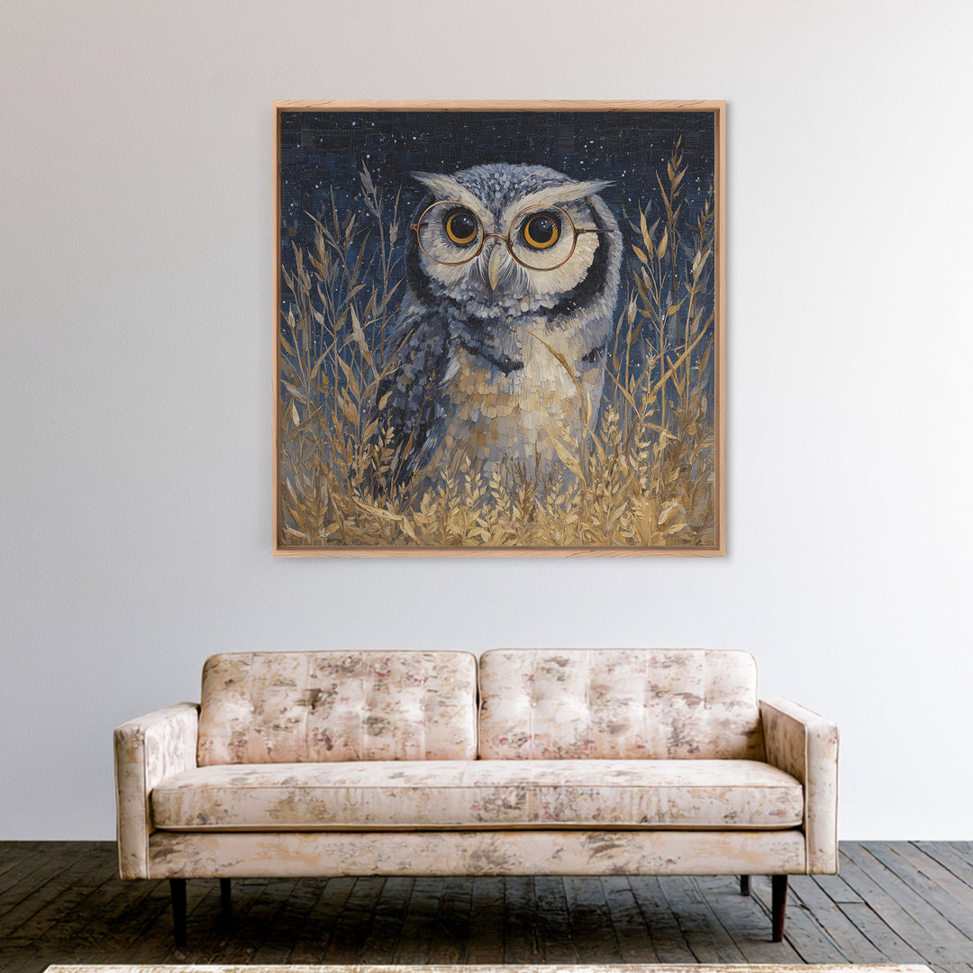 Owl Wearing Spectacles Among Stars Canvas Print, Whimsical Art, Nursery Prints, Living Room Decor, Oil Painting, Wonder, WHI-1x1-30