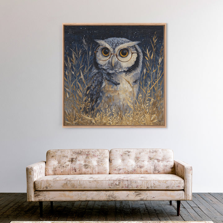 Owl Wearing Spectacles Among Stars Canvas Print, Whimsical Art, Nursery Prints, Living Room Decor, Oil Painting, Wonder, WHI-1x1-30