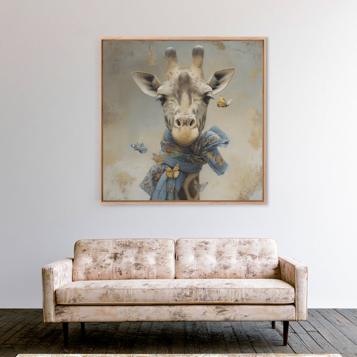 Giraffe with Scarf and Butterflies Framed Canvas Print, Whimsical Art, Watercolor Art, Living Room Decor, Wonder, WHI-1x1-34