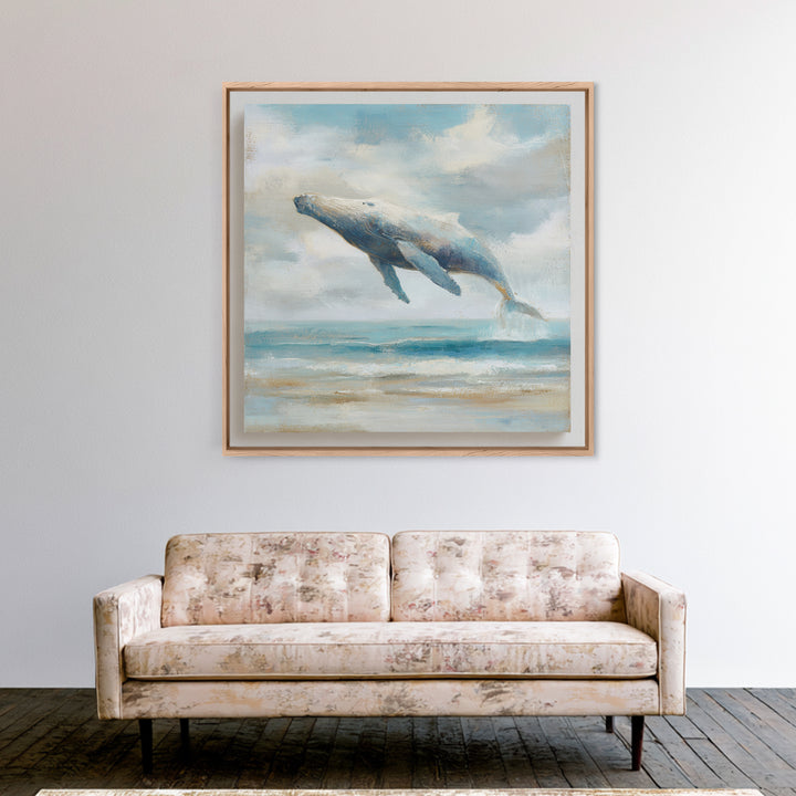 Whale Flying Through Clouds Like Ocean Framed Canvas Print, Whimsical Art, Boho Decor, Living Room Decor, Fine Art, Wonder, WHI-1x1-37