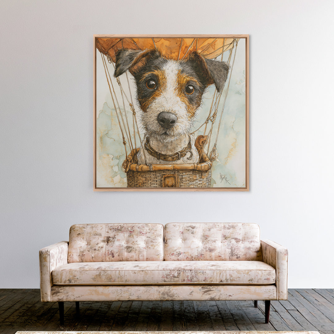 Dog in a Hot Air Balloon Framed Canvas Print, Whimsical Art, Gallery Decor, Living Room Decor, Fine Art, Wonder, Wall Art, WHI-1x1-38