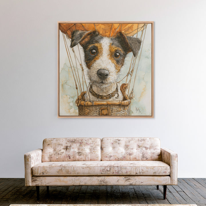 Dog in a Hot Air Balloon Framed Canvas Print, Whimsical Art, Gallery Decor, Living Room Decor, Fine Art, Wonder, Wall Art, WHI-1x1-38