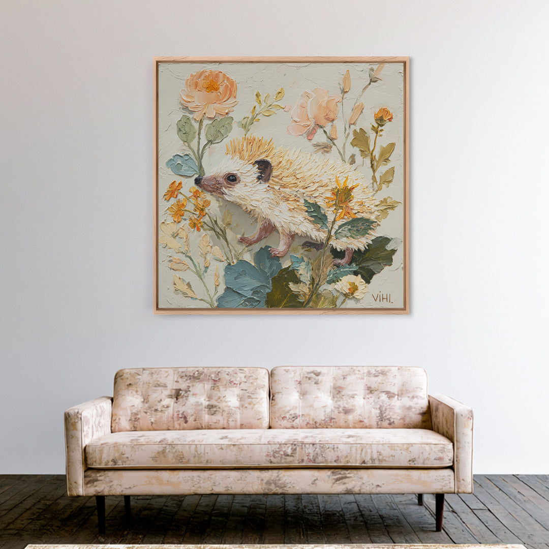 Hedgehog Carrying Wildflowers Framed Canvas Print, Whimsical Art, Dark Academia Decor, Living Room Decor, Fine Art, Wonder, WHI-1x1-39