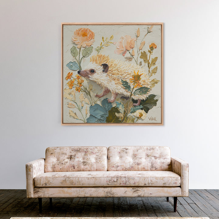 Hedgehog Carrying Wildflowers Framed Canvas Print, Whimsical Art, Dark Academia Decor, Living Room Decor, Fine Art, Wonder, WHI-1x1-39