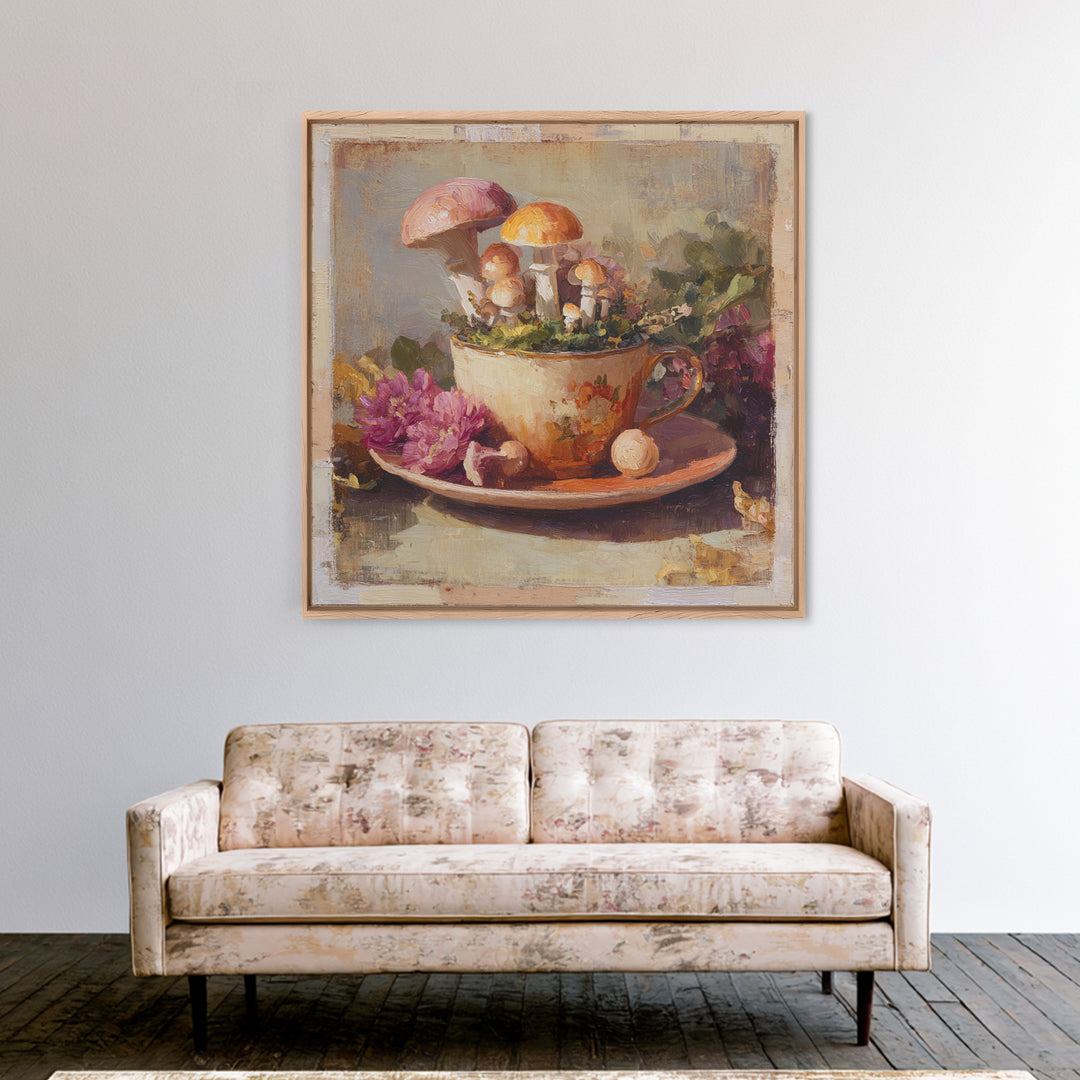 Teacup Garden with Tiny Mushrooms Canvas Print, Whimsical Art, Home Decor, Living Room Decor, Fine Art, Wonder, Digital Print, WHI-1x1-4