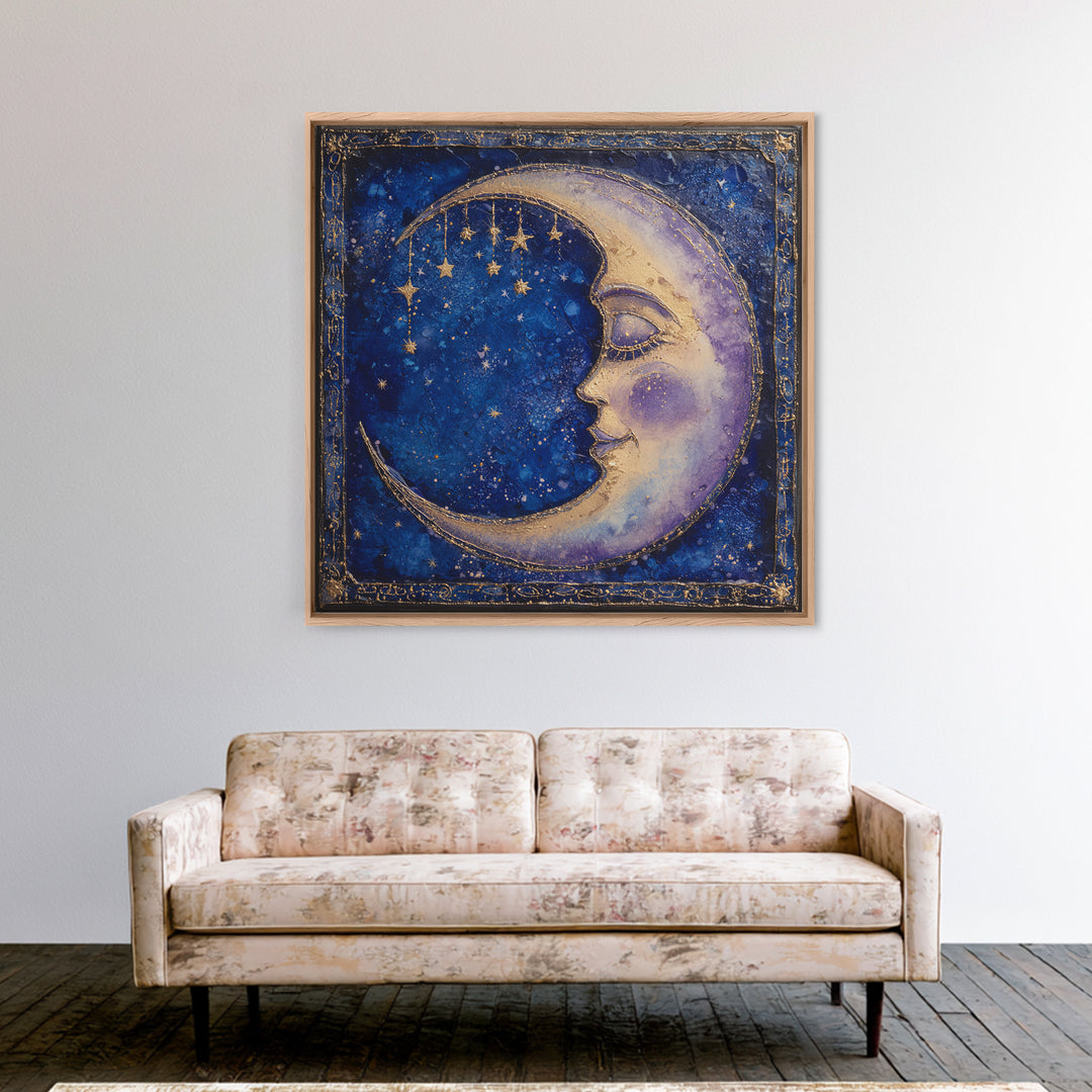 Moon with Sleeping Face and Dangling Stars Framed Canvas Print, Whimsical Art, Room Decor, Living Room Decor, Oil Painting, WHI-1x1-40