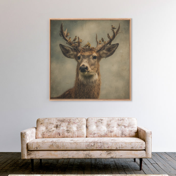 Deer with Antlers Full of Birds Framed Canvas Print, Whimsical Art, Dopamine Decor, Living Room Decor, Oil Painting, Wonder, WHI-1x1-43