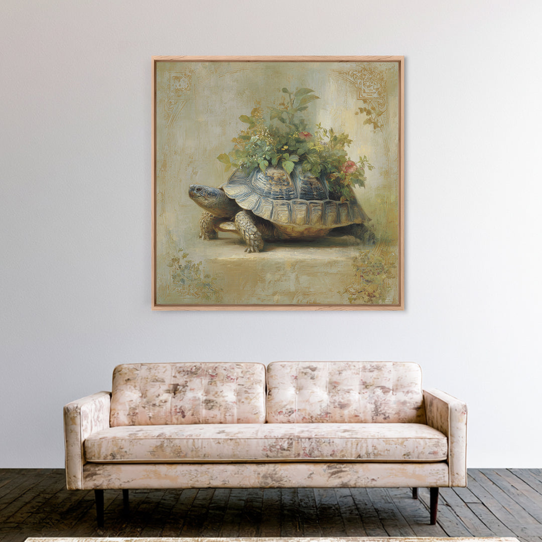 Turtle with Garden Growing on Shell Framed Canvas Print, Whimsical Art, Nursery Art, Living Room Decor, Oil Painting, Wonder, WHI-1x1-46