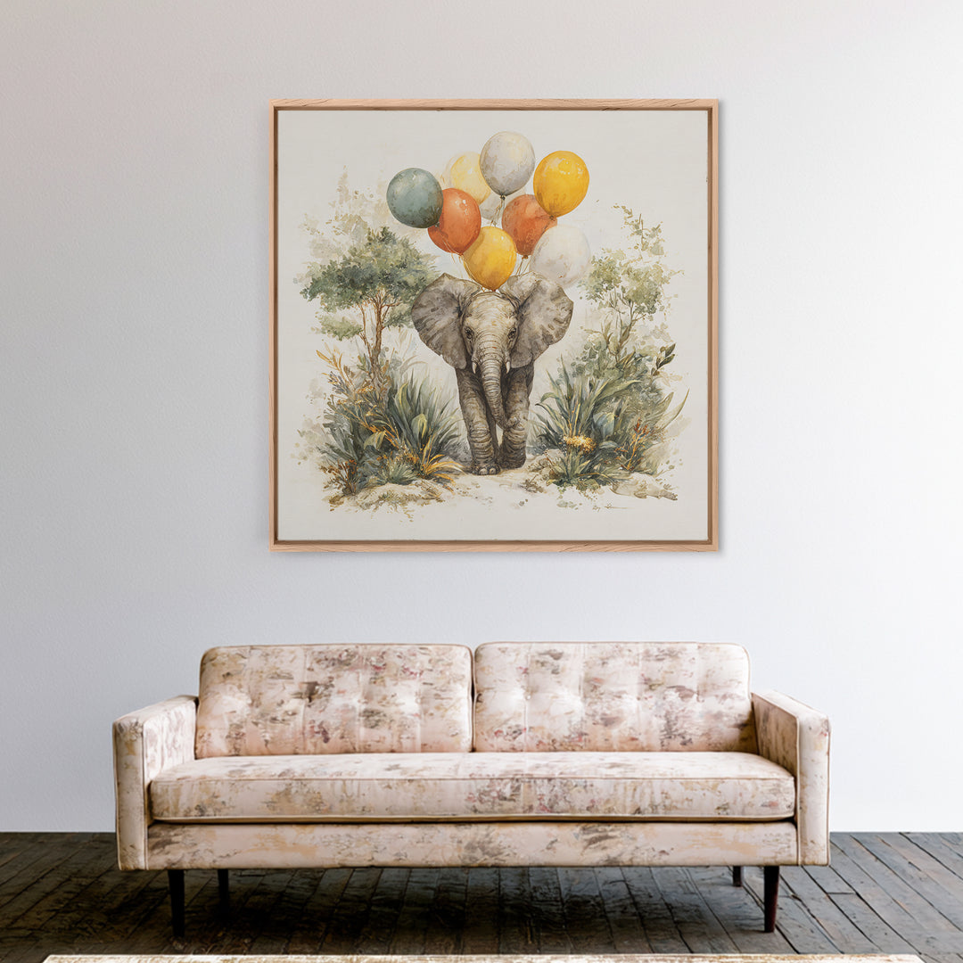 Elephant Holding Balloons Framed Canvas Print, Whimsical Art, Nursery Prints, Living Room Decor, Oil Painting, Wonder, WHI-1x1-51