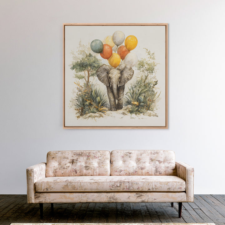 Elephant Holding Balloons Framed Canvas Print, Whimsical Art, Nursery Prints, Living Room Decor, Oil Painting, Wonder, WHI-1x1-51