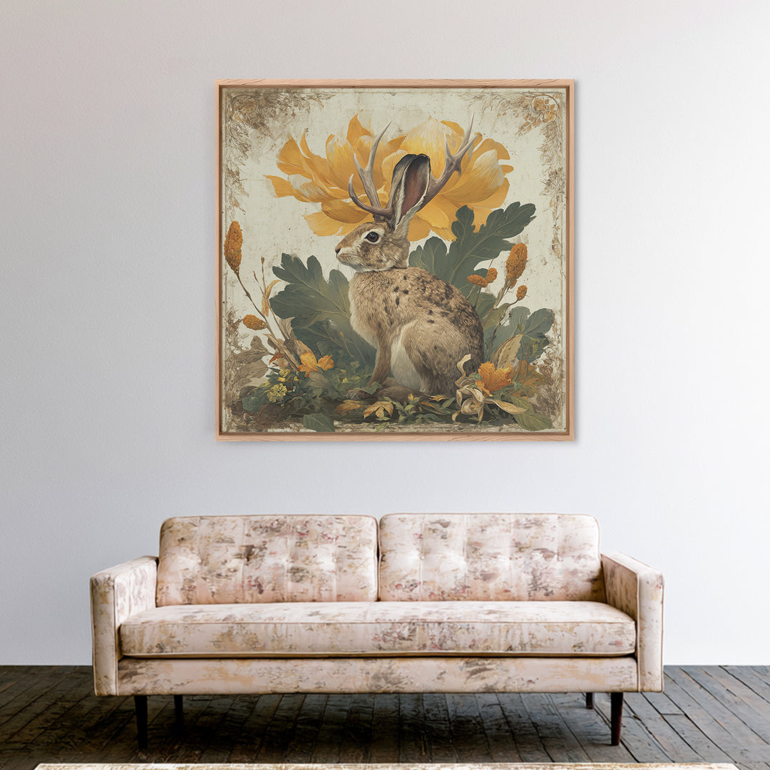 Rabbit Reading Beneath a Giant Flower Framed Canvas Print, Whimsical Art, Textured Painting, Living Room Decor, Wonder, WHI-1x1-53