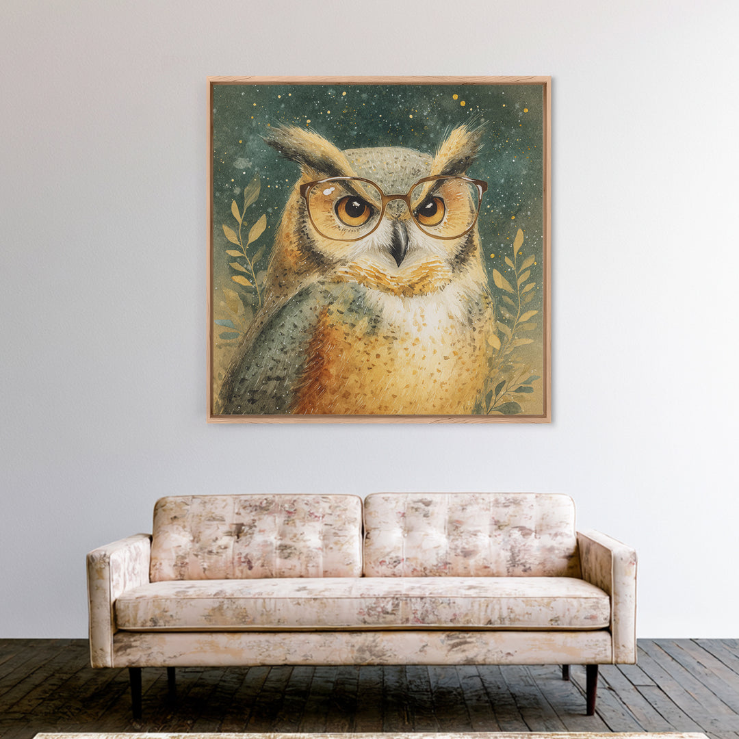 Owl Wearing Spectacles Among Stars Canvas Print, Whimsical Art, Nursery Prints, Living Room Decor, Oil Painting, Wonder, WHI-1x1-54